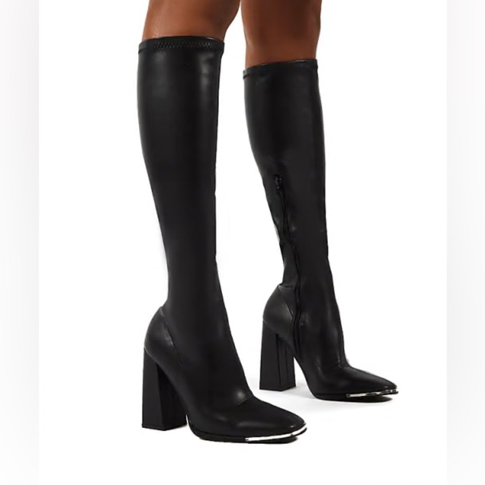 Public Desire Caryn stretch knee boots with toe plating in black